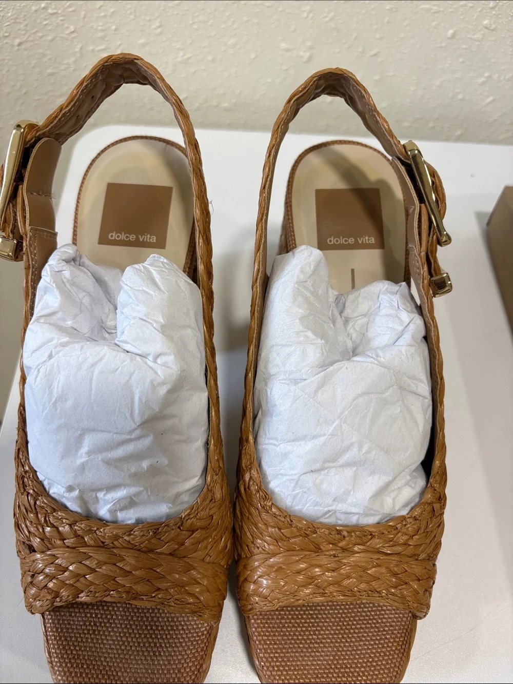Dolce Vita Flores Cognac Raffia Platform Slingback Heels in Tan